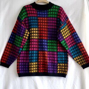 90s Fall Wool Sweater Women's Size Medium Multi-colour Houndstooth Cozy & Warm